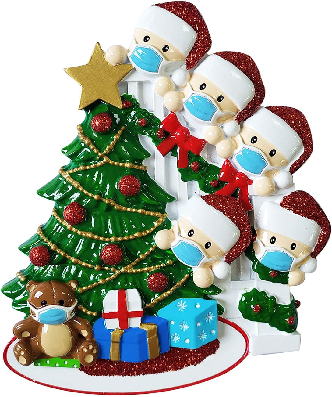 3D Masked Family of 5 Ornament 2025 Personalized Family Christmas Ornaments 2025 | Staircase Personalized Tree Ornaments for Grandchildren, Siblings & Grandkids Xmas Tree with Gifts of Five Ornament