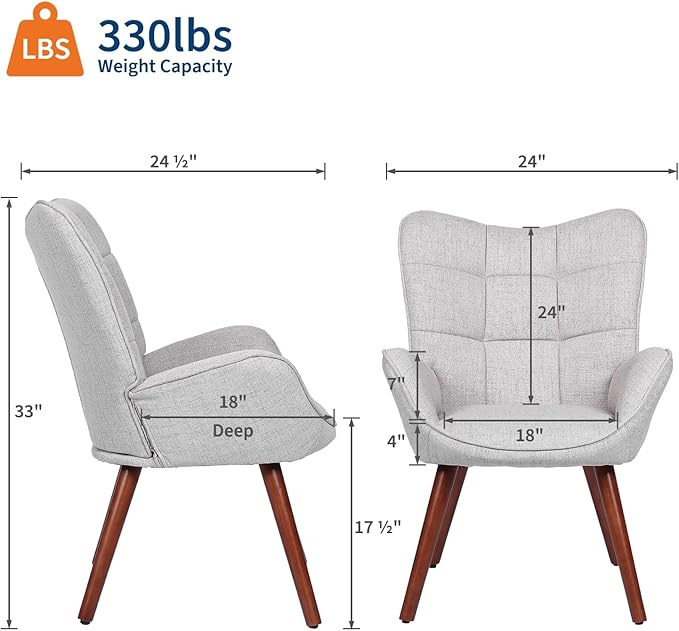 Modern Dining Room Chairs, Mid Century Upholstered Kitchen Chairs with Back Support and Solid Wood Legs, Accent Dinner Chair for Kitchen, Dining Room, Living Room, Restaurant, Grey