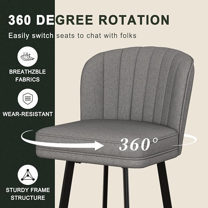 Swivel Counter Height Bar Stools Set of 4, 30'' Modern Barstools with Backs and Metal Legs, Upholstered Bar Chairs,Mid-Gray,Fabric Stools for Kitchen Island Chairs