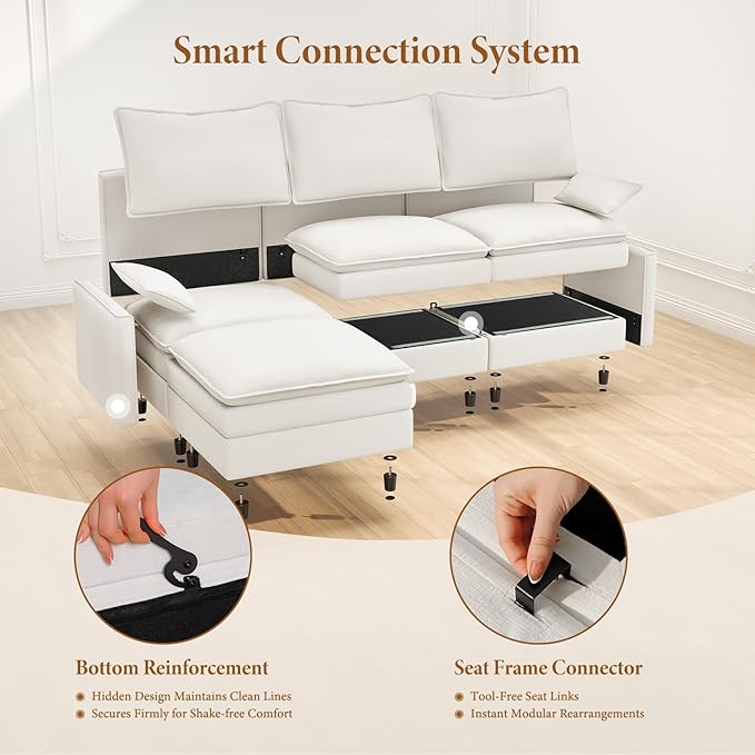 Vesgantti 101" V-Shaped Corner Couch Sectional, 7 Seat Customizable Modular Cloud Couches with Movable Ottoman, Chenille Deep Seat Sofa Set with Chaise for Living Room, Bedroom and Apartment, White