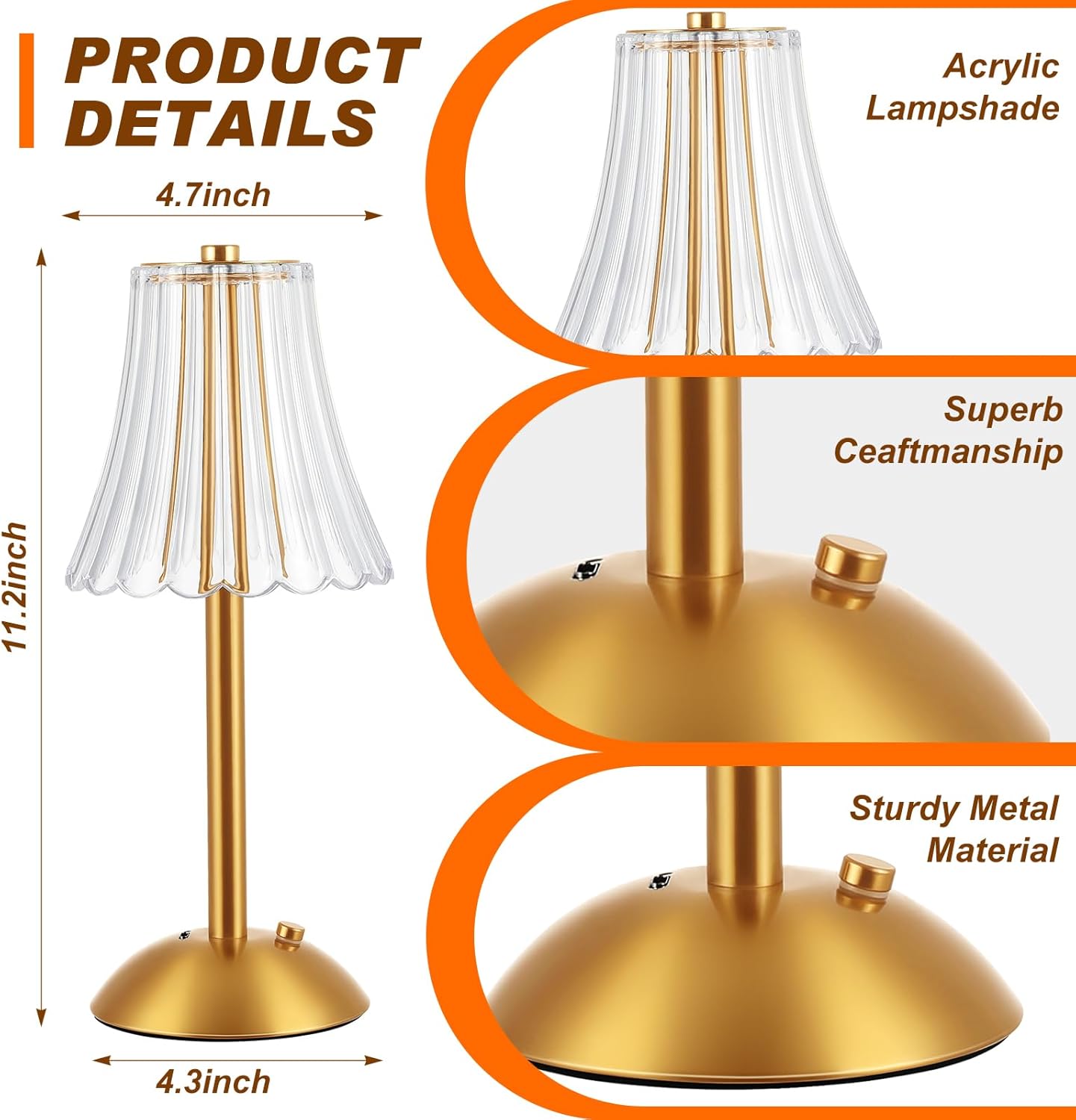 Liliful 2 Pcs LED Portable Cordless Table Lamp Touch Battery Operated Rechargeable Desk Lamp 3 Color Dimmable for Bedroom Living Room Dining (Rose Style,Gold)