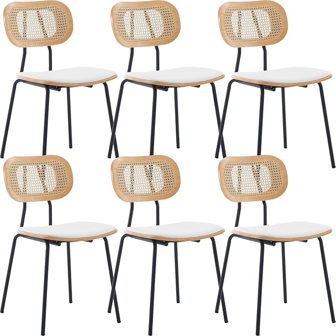 Mid-Century Modern Rattan Cane Back Dining Chairs Set of 6 — PU Leather Upholstered Seat, Black Metal Legs, Kitchen Side Chairs for Kitchen & Dining Room, White