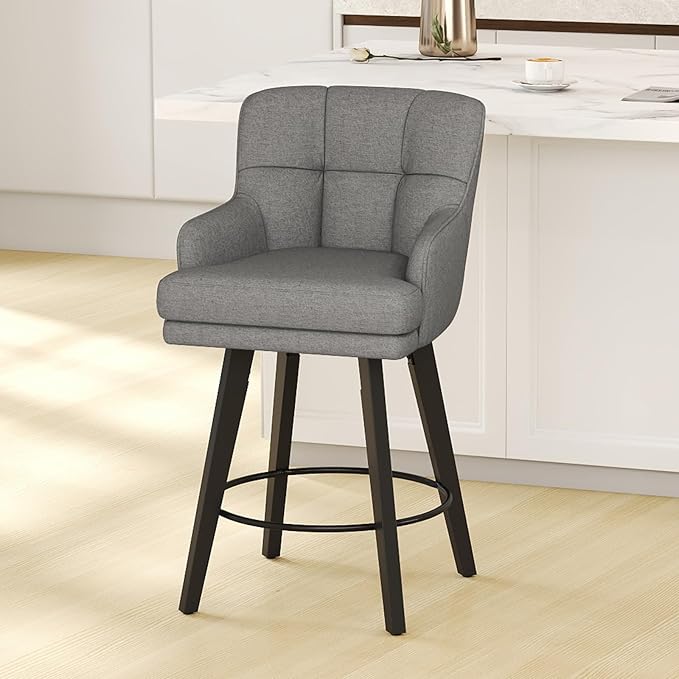 360°Swivel Counter Height Bar Stools with Back, 26 inch Solid Wood Legs, Bar Stool Modern Kitchen Island Chairs, Fabric (Mid-Grey- Fabric, 26" H- Set of 1)