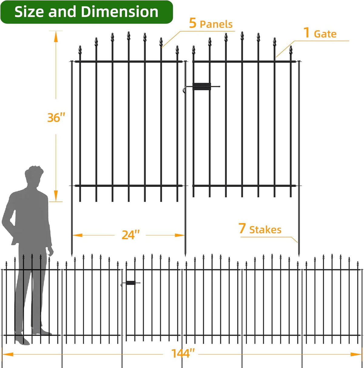 Metal Garden Fence with Gate 36 in H x 12 ft L, 1 Gate + 5 Panels Border Dog Fence Panels Animal Barrier, No Dig Garden Fencing for Yard Patio Flower Bed Lawn Outdoor, Arch Black
