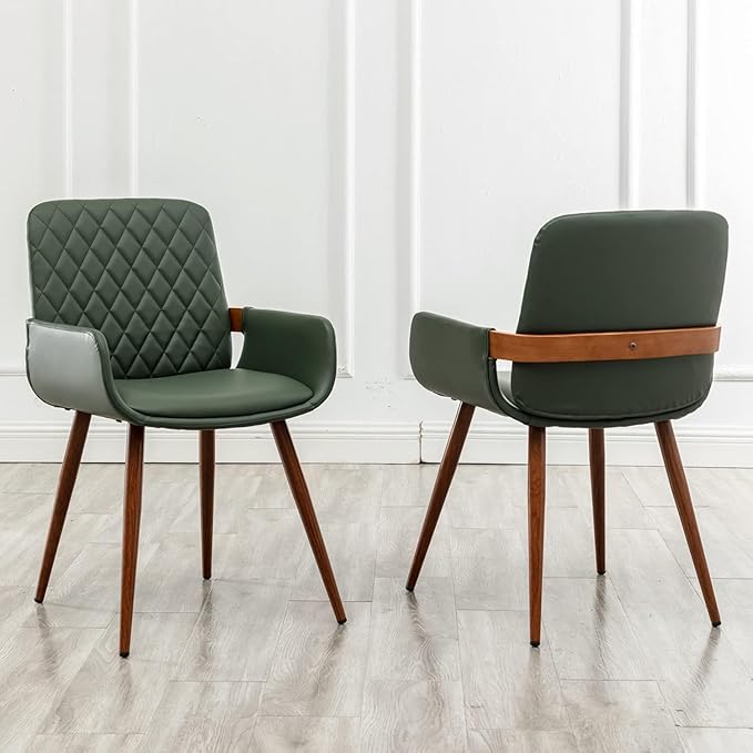 LUNLING Mid Century Modern Faux Leather Dining Room Chairs,Upholstered Seat Metal Legs Chairs Green Faux Leather Kitchen Chair Reception Room Chair 1PCS