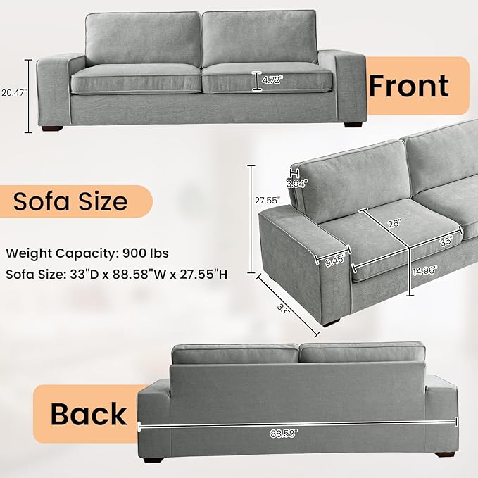 RISAR 88.58" Modern Sofa for Living Room, Chenille Couch with Removable Cover & Spring Cushions, Solid Wood Frame, Easy Assembly for Small Spaces (Light Gray)