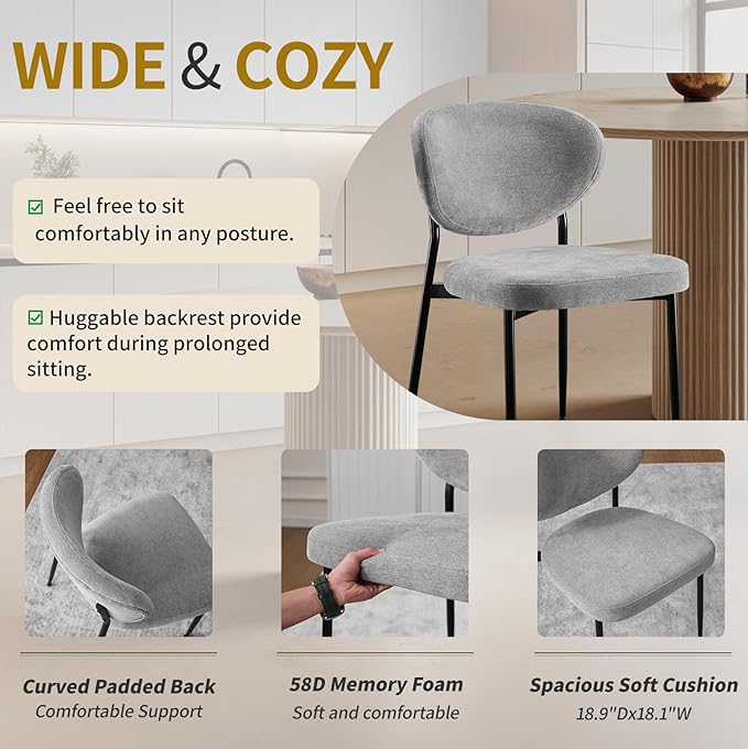 Dining Chairs Set of 4 Modern Chenille Upholstered Kitchen & Dining Room Chairs Wide Seat Filled with 58D Memory Foam Cushion Ergonomic Curved Backrest Vanity Chairs for Restaurant Grey