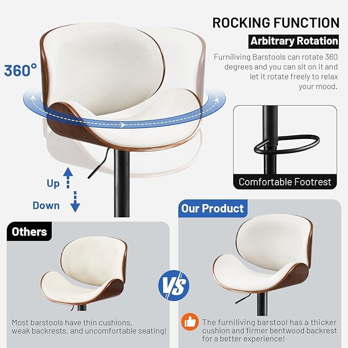 Furniliving Adjustable Bar Stools Set of 2, Swivel Bentwood Barstools Counter Height Bar Stools, Ergonomic Modern Bar Stools with Back Upholstered Barstools for Dining Room, Kitchen, Bar, White, PU