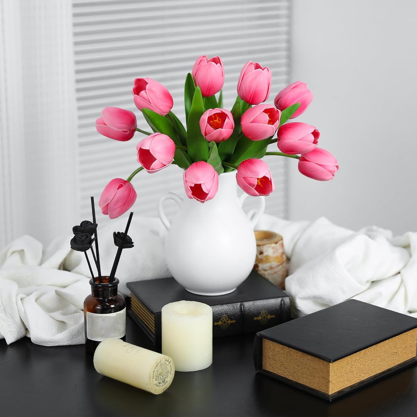 Pink Artificial Tulips, 2 Bundles 14Pcs, Fake Tulips Artificial Flowers, 2 x 2.4 Inch Large Flower Head Big Tulip, Easter Valentine's Day Mother's Day Home Decoration Flowers