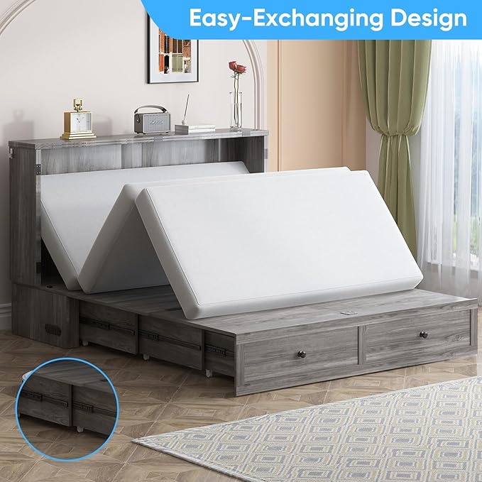 Mjkone Murphy Bed, Cabinet Murphy Bed with Tri-Fold Memory Foam Mattress, Farmhouse Wooden Cabinet Beds with USB Charging Station and 2 Storage Drawers for Bedroom/Office/Guest Room-Gray, Full