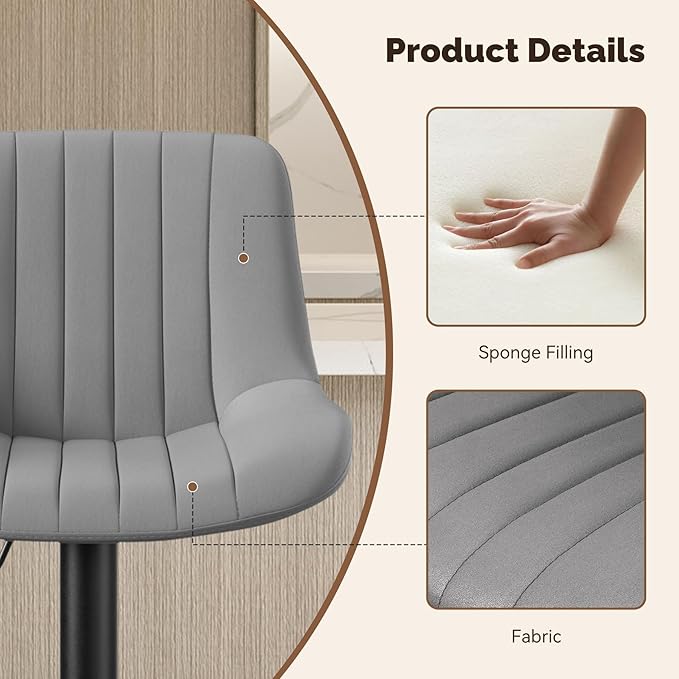 Nalupatio Bar Stools Set of 2, Adjustable Modern Swivel Bar Stools with Backs, Counter Height Performance Fabric Island Chairs for Home Kitchen, Dark Grey