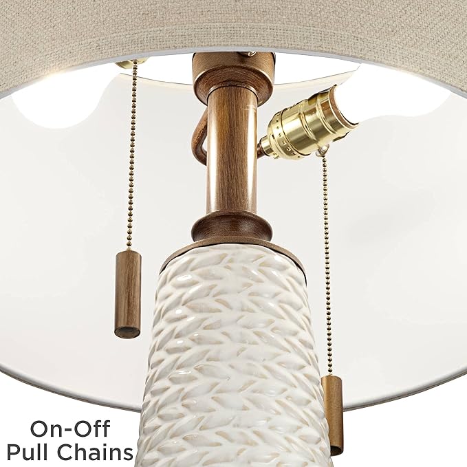 Possini Euro Design Kingston Mid-Century Modern Table Lamp with USB Charging Port 32.75" Tall White Ceramic Taupe Fabric Drum Shade for Living Room Bedroom House Bedside Nightstand Home Office