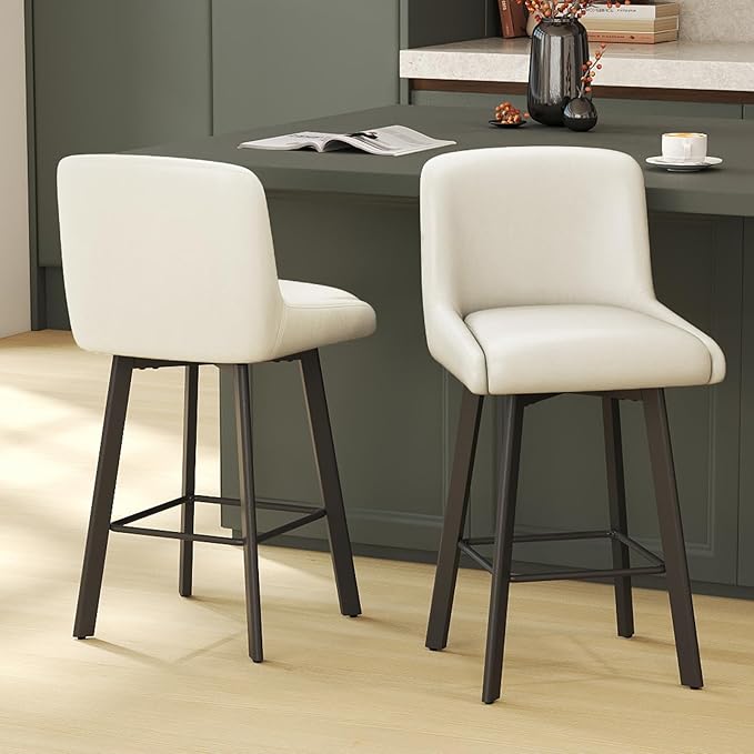 Swivel Bar Stools, 26''H Upholstered Barstools with Backs, Modern Counter Height Bar Stool Chairs for Kitchen Island, Metal Legs (Beige- Faux Leather, Set of 2-26" H)