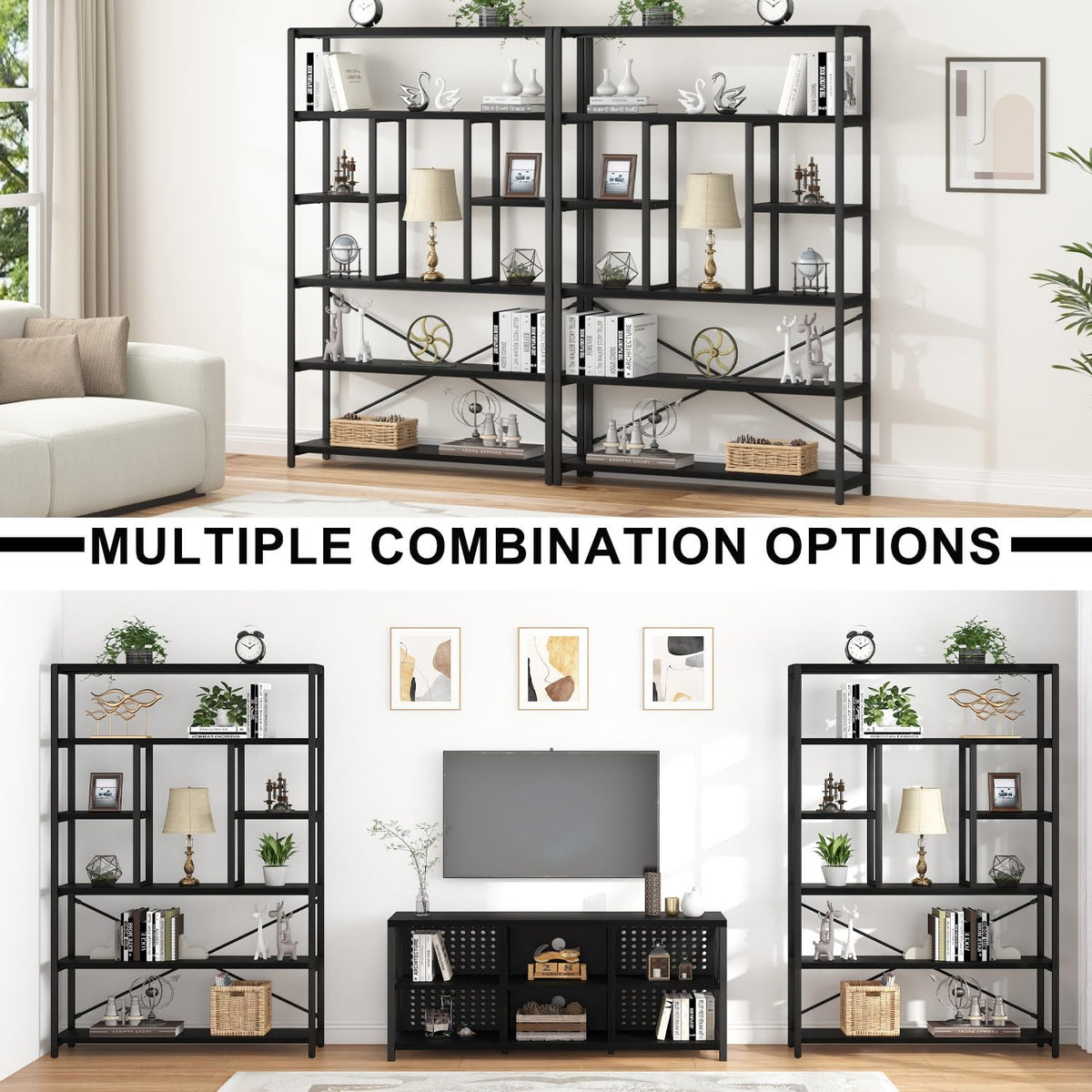 LVB 6 Tier Tall Black Bookshelf, Modern Large Wide Book Rack Storage, Industrial Wood Metal Etagere 6 Shelf Bookcase, Farmhouse Open Display Book Shelf Organizer for Bedroom Living Room Office, Black