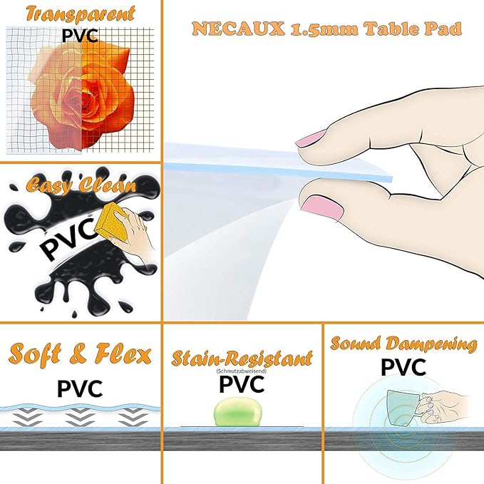 NECAUX Custom Multisize 1.5mm Thick Clear PVC Table Cover Protector - 24 x 72 Inch Water Resistant Rectangular Plastic Tablecloth Cover Vinyl Non-Slip Desk Pad for 6 Foot Coffee Table/Writing Desk