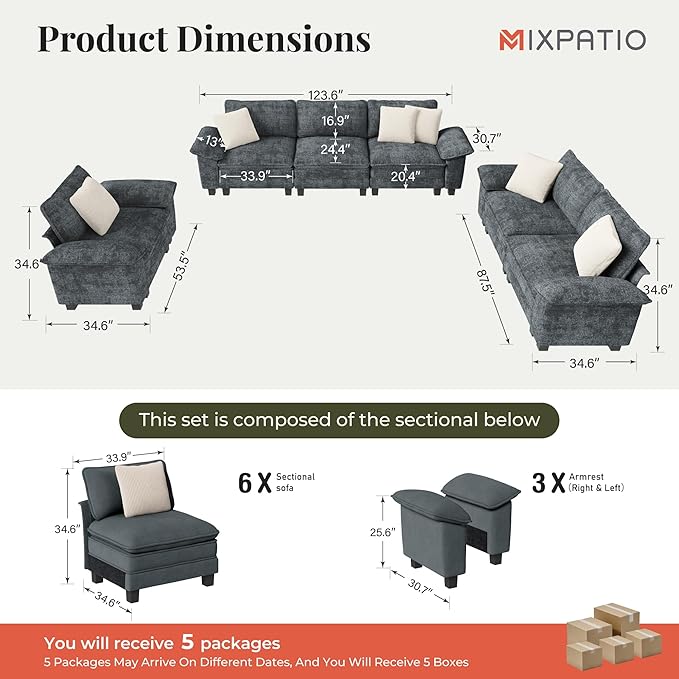 U-Shaped Cloud Modular Sofa Set, Deep Seat 3-Piece 6-Seater Sectional Couch & Removable Arms, Plush Chenille for Living Room - Cyan