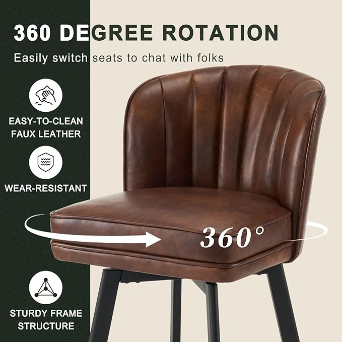 Swivel Counter Height Bar Stools Set of 4, 30'' Modern Barstools with Backs and Metal Legs, Upholstered Bar Chairs, Faux Leather Brown Stools for Kitchen Island Chairs
