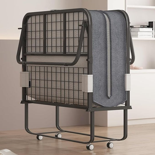 Mjkone Folding Bed with Mattress for Adults, 5 Inch Rollaway Bed for Adults, Space Saving Portable Bed with Lockable Wheels, Sturdy Metal Folded Frame and Memory Foam for Bedroom/Guest（75" x 46"）