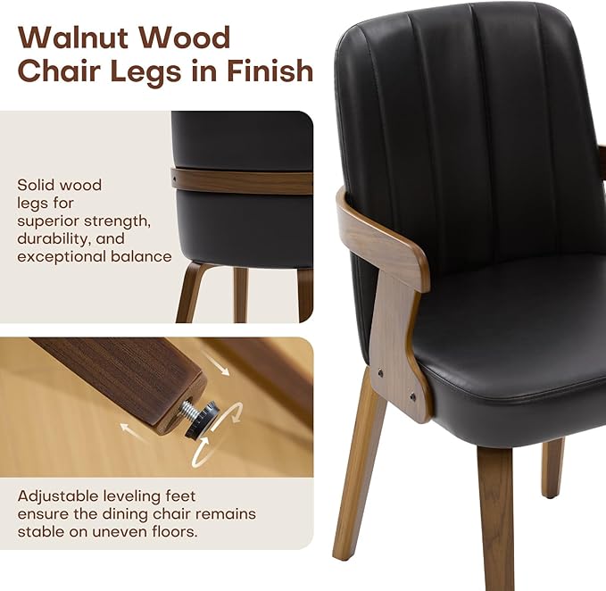 Kitchen Dining Chairs Set of 2, Faux Leather Upholstered Dining Room Chairs with Wood Arms and Legs, Mid Century Modern Kitchen Side Chair for Living, Bedroom, Restaurant, Walnut/Black