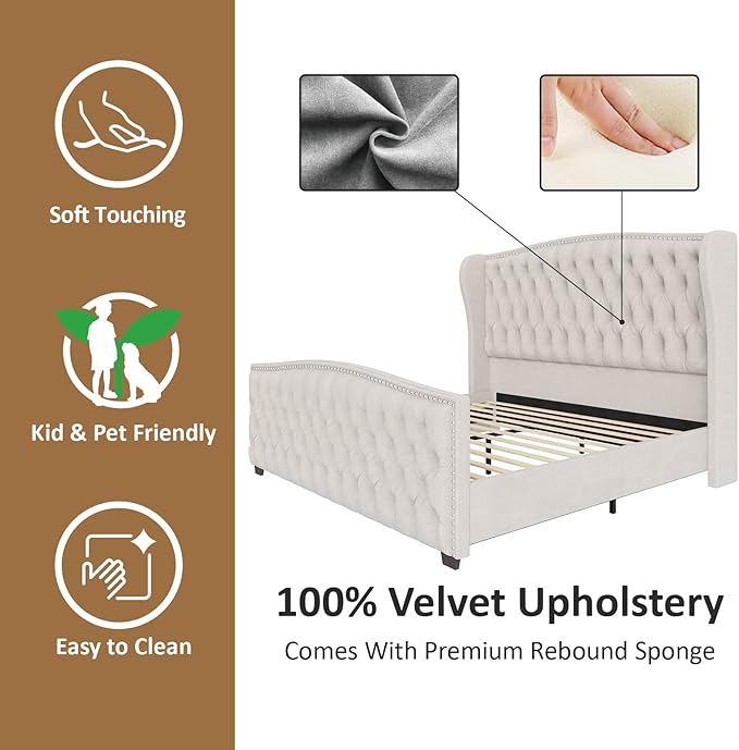 AMERLIFE Queen Size Platform Bed Frame, Velvet Upholstered Bed with Deep Button Tufted & Nailhead Trim Wingback Headboard/No Box Spring Needed/Cream