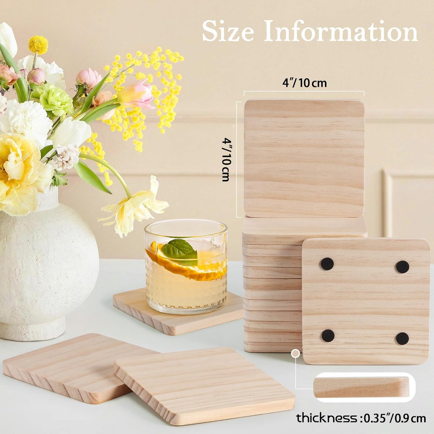 36 Pieces Unfinished Wood Coasters, GOH DODD 4 Inch Wooden Blanks with Non-Slip Pads for Laser Engraving Wood Burning Staining Painting Decoupage Housewarming Gifts Wedding Crafts Education, Square