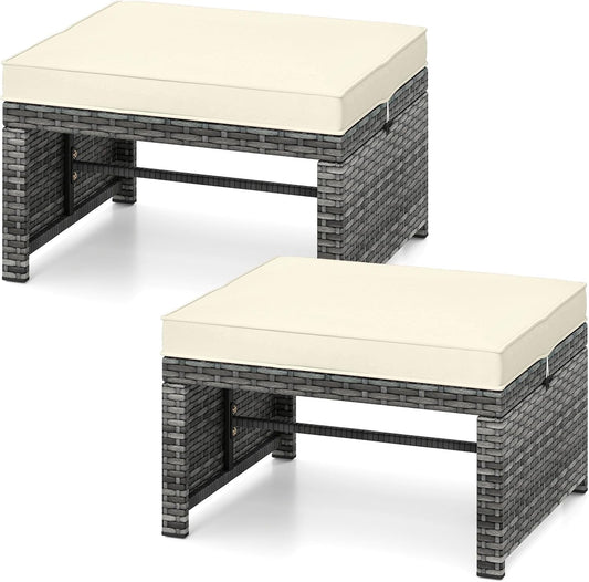 Tangkula 2 Pieces Patio PE Rattan Ottomans, Multipurpose Outdoor Footstool Footrest Additional Seating Side Table with Soft Zippered Cushions for Deck, Garden, and Yard (White)