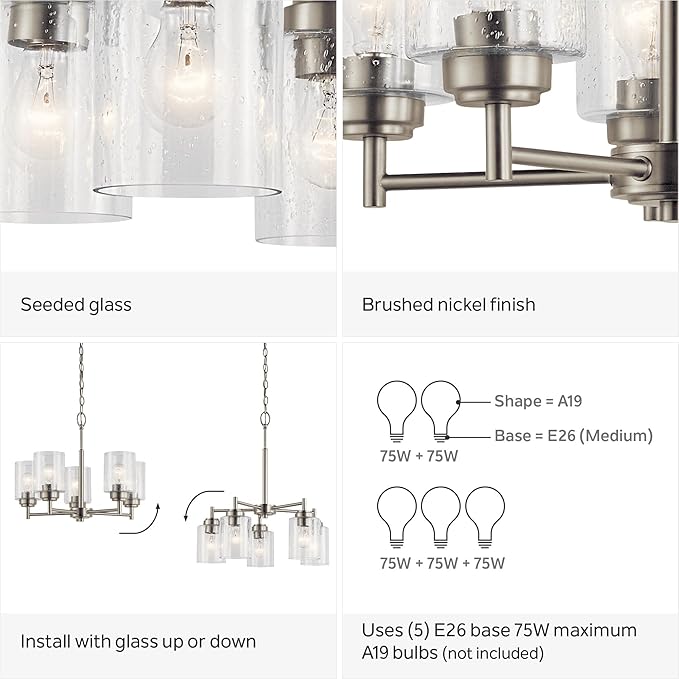 Kichler Winslow 19.75" Chandelier in Brushed Nickel, 5-Light Chandelier for Dining Room, Living Room, or Bedroom, Clear Seeded Glass, (19.75" W x 16" H), 44030NI