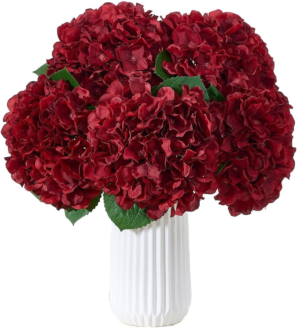 8Pcs Burgundy Fake Flowers Silk Hydrangea Artificial Flowers Bouquets Faux Hydrangea Stems for Home Table Centerpieces Wedding Party Decoration