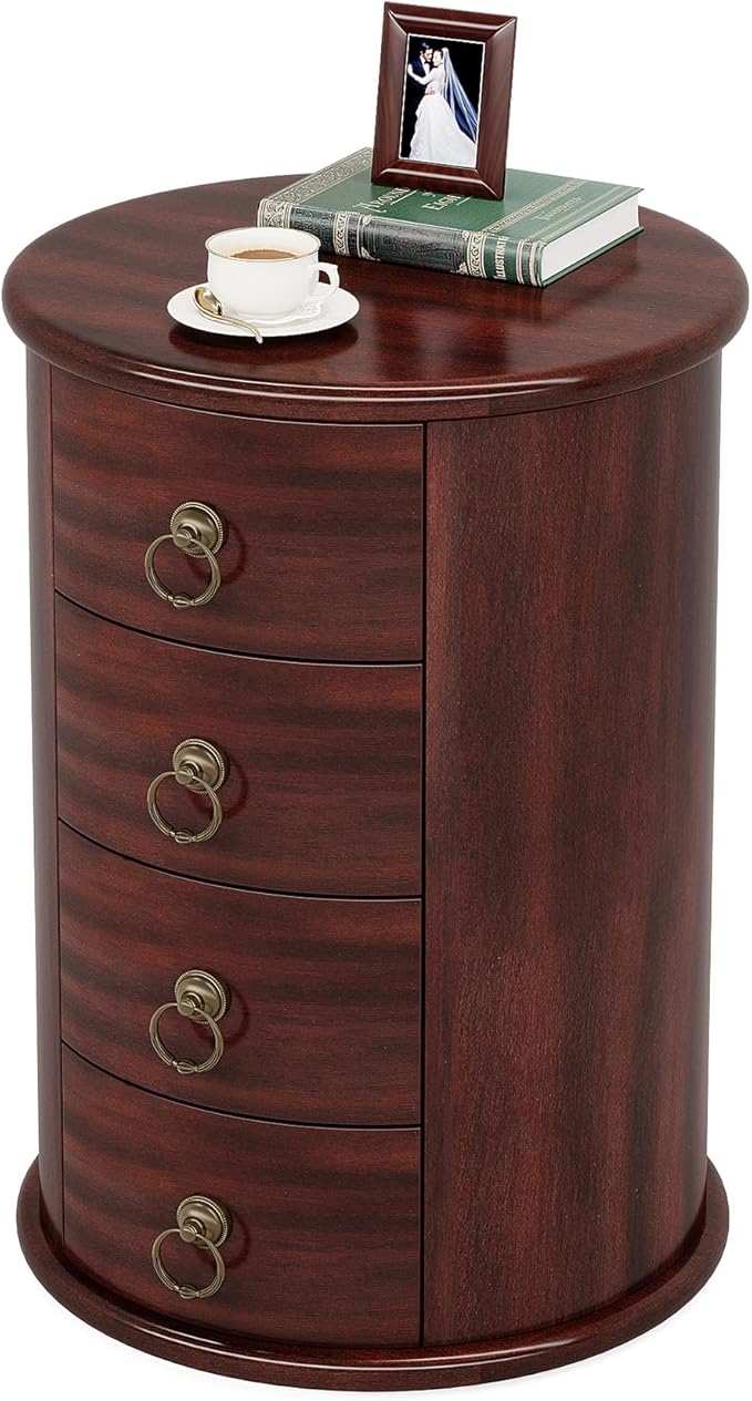 Tribesigns Solid Wood End Table, Round Side Table with 4 Drawers, Vintage Bedside Table Nightstand for Small Spaces, Living Room, Bedroom, No Assembly Required (1, Cherry Brown)