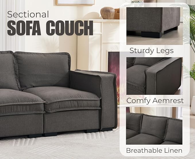 EALSON 119" Modular Sectional Sofa Comfy Cloud Couch with Ottoman Modern Convertible L Shape Couches with Wooden Legs Linen Deep Seat Couch 4-Seater Sofa with Ottoman for Living Room/Apartment, Grey