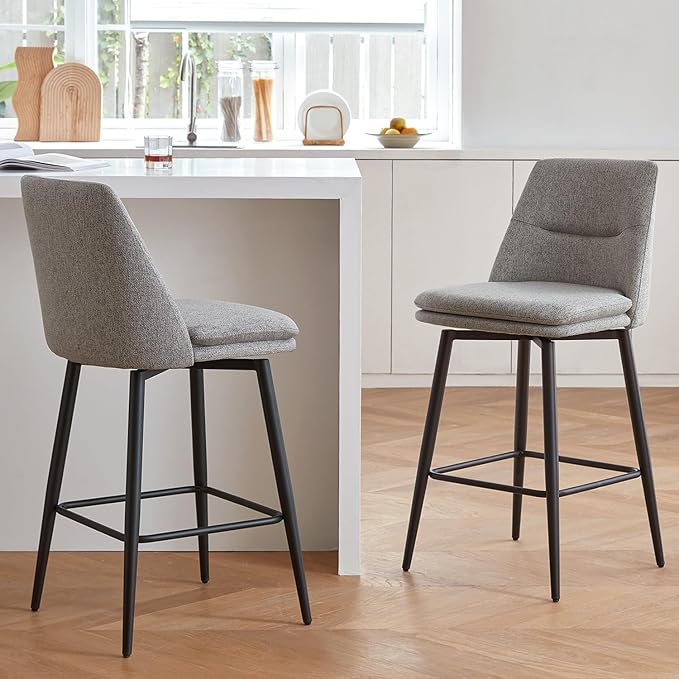 Grey Counter Height Bar Stools Set of 2, 26 Inch Seat Height with Back and Metal Legs, 360° Swivel Upholstered Fabric Swivel Bar Stools