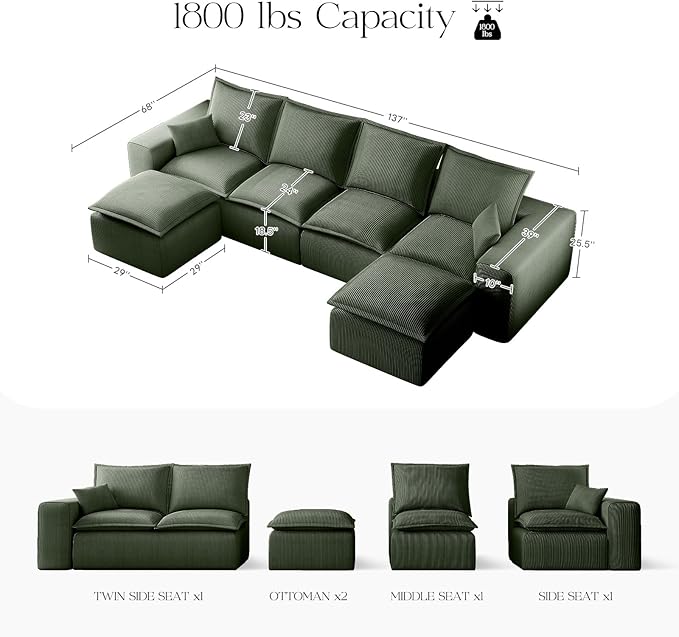 137" Comfy Cloud Couch with U-Shape Chaise & Deep Seat, Modular Sectional Sofa in a Box, Boneless Upholstered Couches for Living Room, No Assembly Required (Soft Corduroy, Green)