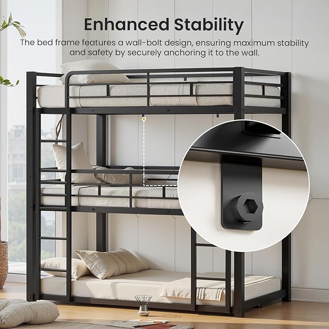 Metal Triple Bunk Bed, Twin Over Twin Over Twin Heavy Duty Bunkbeds, Full-Length Guardrail Family-Friendly for All Ages, Bedroom, No Box Spring Needed, Easy Assembly, Black