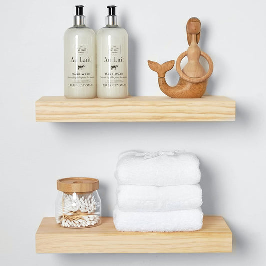 Homeforia Wood Floating Shelf 16 inch, High End Solid Natural Wood 16inch Floating Shelves for Wall Mounted, Unfinished Wooden Small Floating Shelves, Heavy Duty Bracket, 16 X 6.5 X 1.75 in, Set of 2