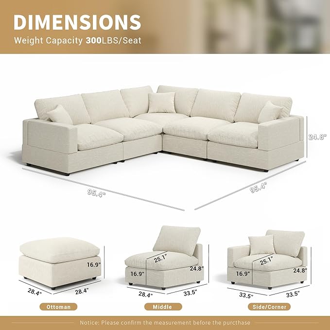 Cloud Sectional Linen Couch for Living Room V-Shape Sofas,5 Seat Modern Modular Sofas,Couches Cushion Covers Removable,Cozy Down Filled Sofa for Apartment Beige