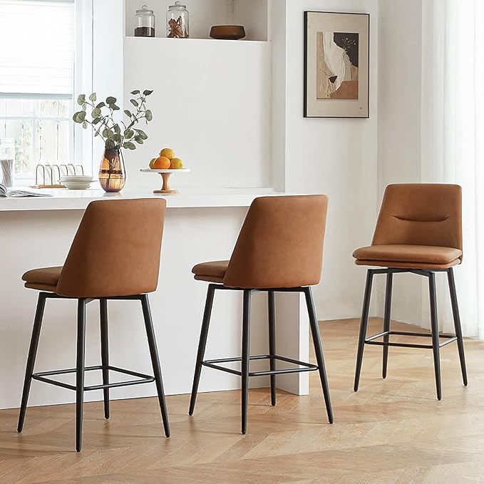 Brown Counter Height Bar Stools Set of 3, 26 Inch Seat Height with Back and Metal Legs, 360° Swivel Upholstered Faux Leather Swivel Bar Stools