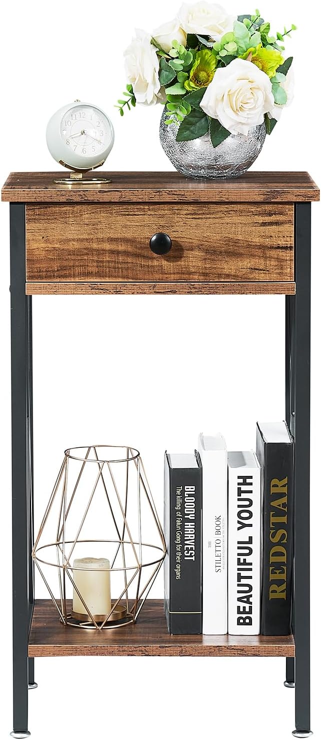 VECELO Tall Nightstand,27.6 inch Wooden End Table with Metal X-Frame,Side Table with Drawer and Storage Shelf for Living Room Bedroom Entryway Small Spaces