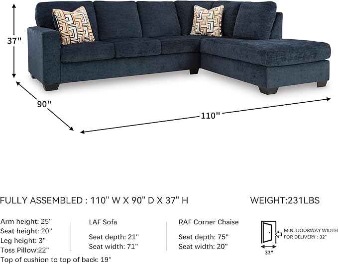 Signature Design by Ashley Aviemore Casual L-Shaped 2-Piece Sectional with Chaise for Living Room, Blue