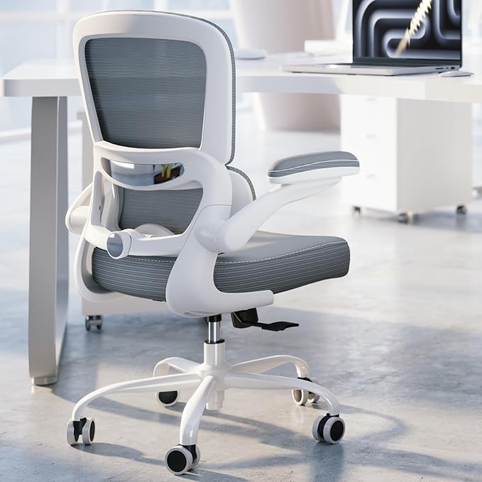 TRALT Ergonomic Office Chair - Desk Chair with Adjustable Lumbar Support Computer Chair - Mesh Comfy Chair with Flip-up Armrests - Gaming Chairs for Adults Home Office (Leather, Grey)