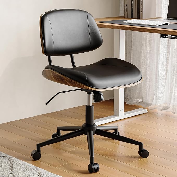 Armless Office Chair with Wheels, PU Leather Adjustable Height Desk Chair - 360° Swivel Ergonomic Computer Chair for Small Space, Modern Walnut Style, Home & Meeting Room, Black
