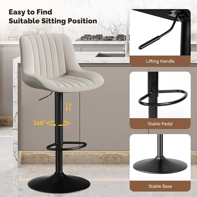 Nalupatio Bar Stools Set of 4, Adjustable Modern Swivel Bar Stools with Backs, Counter Height Performance Fabric Island Chairs for Home Kitchen, Light Gray