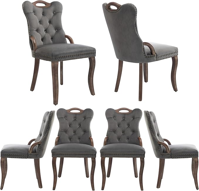Velvet Dining Chairs Set of 6, Solid Wood Handles, Wooden Upholstered Dining Chair, Vintage Copper Nail Decoration, Mid Century Modern Kitchen Chair (Grey, Set of 6)