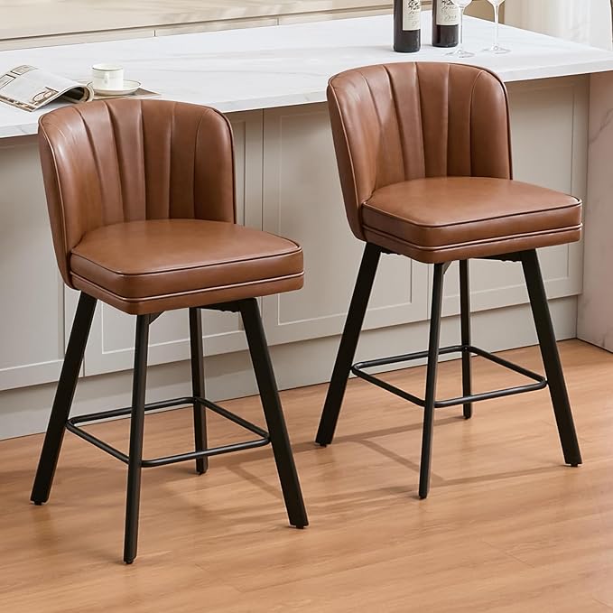 Swivel Counter Height Bar Stools Set of 3, 26'' Modern Barstools with Backs and Metal Legs, Upholstered Bar Chairs, Faux Leather Dark Brown Stools for Kitchen Island Chairs