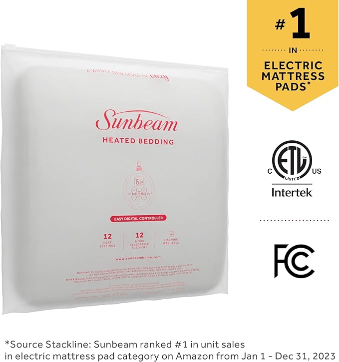 Sunbeam Electric Premium Water Resistant Restful Quilted Heated Mattress Pad, 12 Heat Settings, 12-Hour Selectable Auto Shut-Off, Fast Heating, Cozy Warming Bed, Queen, 60" x 80"