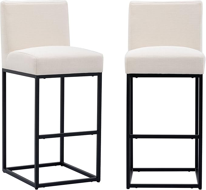 31" Height Cream Fabric Bar Stools Set of 2 Counter Height Stools with Back and Footrest for Kitchen Modern Metal Barstools, Linen Upholstered Farmhouse Bar Chairs Island Stools