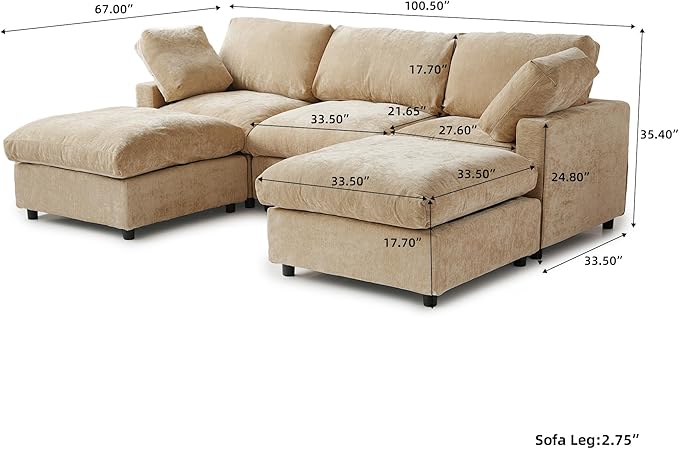 WJShome 100 Inch U Shaped Modern Sofa Modular Sectional Cloud Couch with 2 Ottoman, 4-Seat Chenille Deep Seat Couches for Living Room, Bedroom and Apartment，Khaki