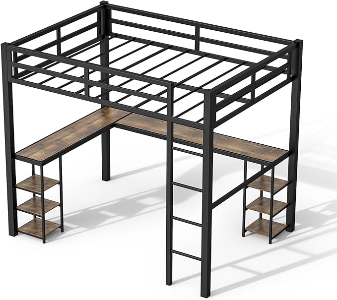 Full Size Loft Bed with Desk & Open Shelves, Heavy Duty Metal Bed Frame with Safety Guardrails & Ladder, Loft Beds with Vintage Wood Finish L-Shaped Desk, Black