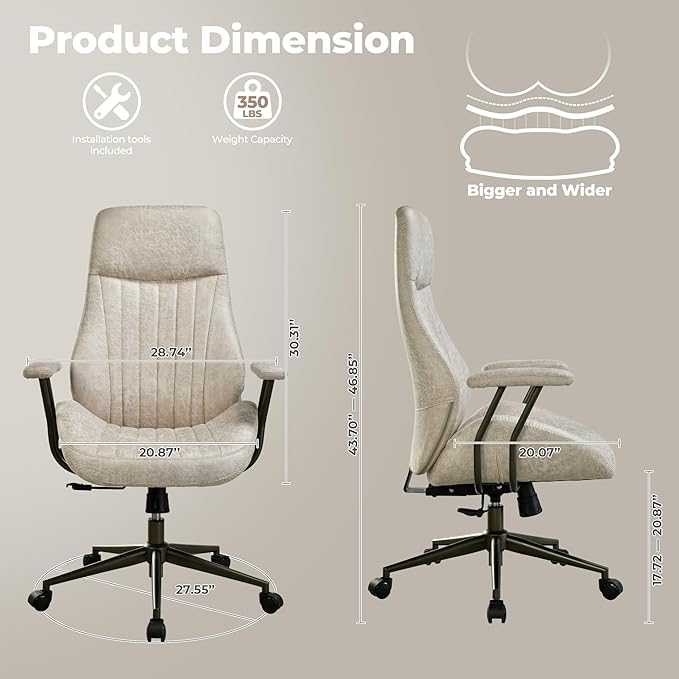 ovios Home Office Ergonomic Chair, Mid-Century Modern Luxury Faux Suede Leather Chairs, Comfy High Back Computer Swivel Rolling Task Armchair for Executive, Beige