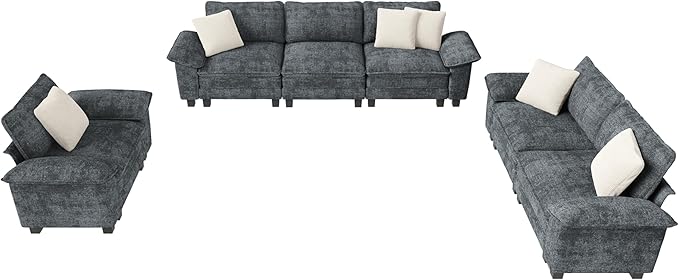 U-Shaped Cloud Modular Sofa Set, Deep Seat 3-Piece 6-Seater Sectional Couch & Removable Arms, Plush Chenille for Living Room - Cyan