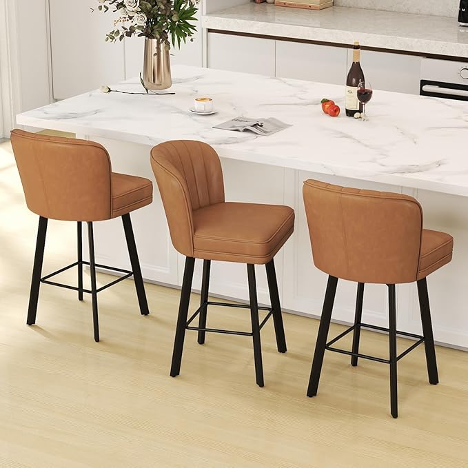 Swivel Counter Height Bar Stools Set of 2, 26'' Modern Barstools with Backs and Metal Legs, Upholstered Bar Chairs, Faux Leather Whiskey Brown Stools for Kitchen Island Chairs